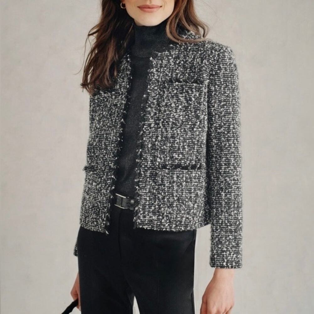 J. McLaughlin Womens XL Martha Tweed Boucle Blazer Jacket Black Gray Metallic